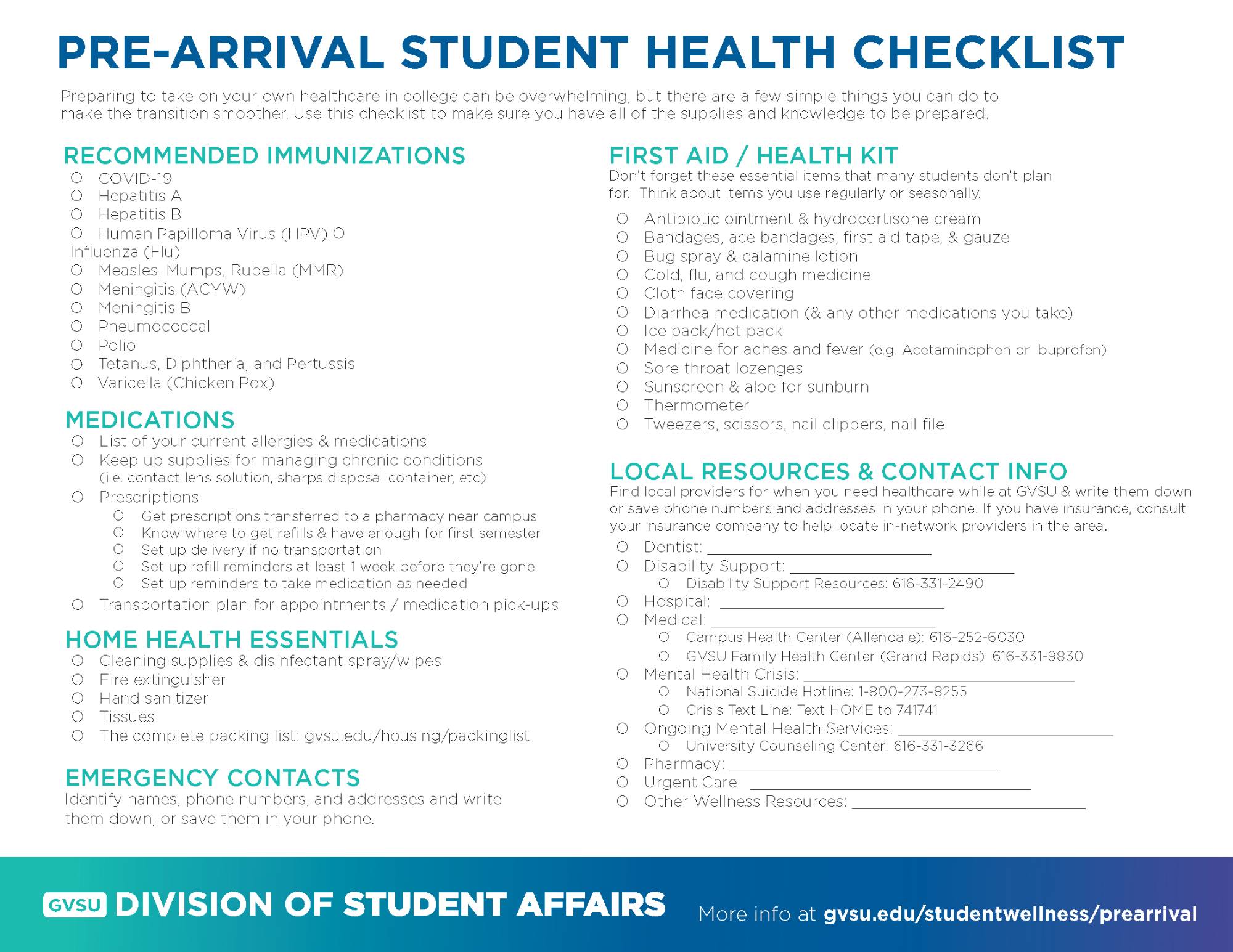 Image of the pre-arrival checklist. Content seen in image found on this webpage.